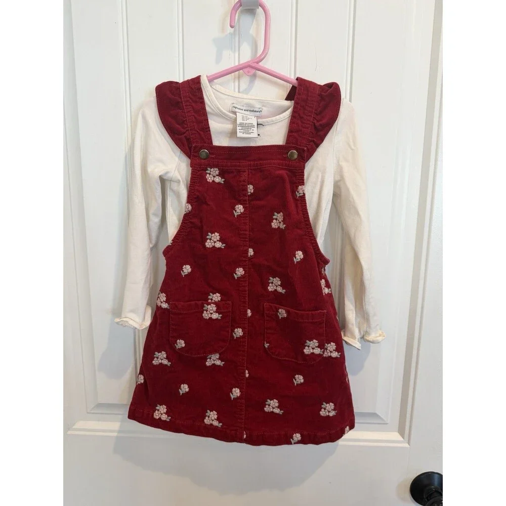 Cupcakes and Cashmere Girls 4T Corduroy Jumper Dress Floral Embroidered Red Set